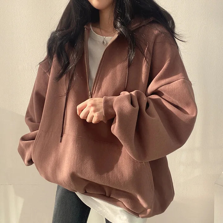 Felpa con cappuccio da donna Harajuku sciolto oversize tinta unita Top mezza Zip felpa donna Casual manica lunga tasca cappotti con cappuccio 2023