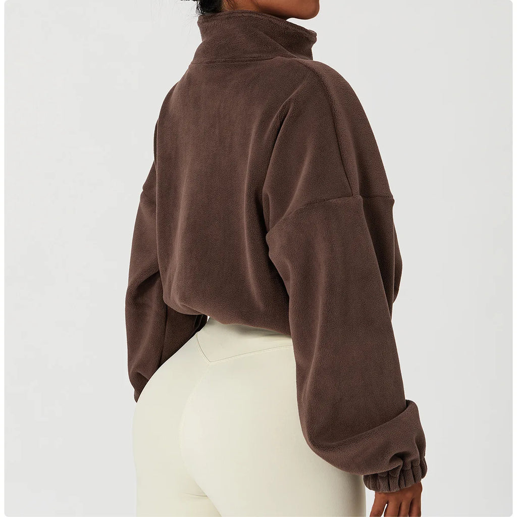Felpa con cappuccio da donna in pile polare con zip, vestibilità ampia, top corto atletico con colletto rialzato, fori per i pollici e orlo con coulisse per l'autunno inverno