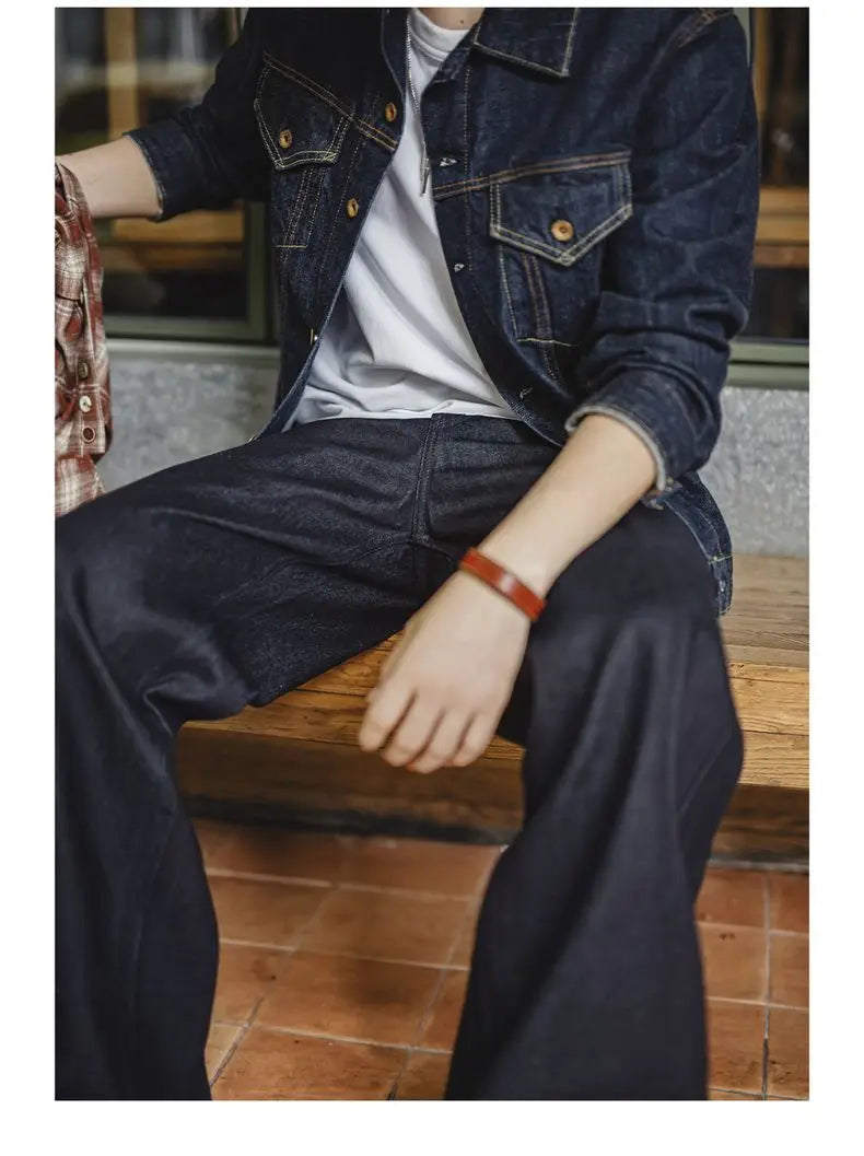 Maden Vintage Jeans da uomo in denim grezzo con cimosa da 15,6 once Pantaloni a gamba larga con cerniera YKK Jeans dritti per l'autunno e l'inverno