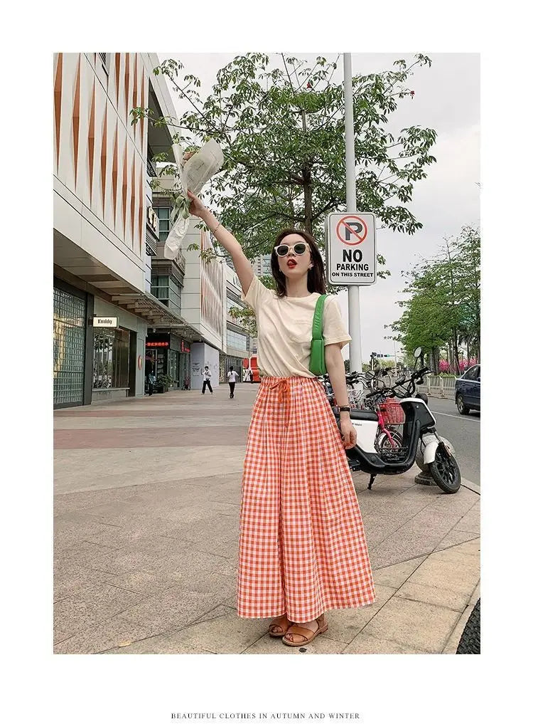 Pantaloni scozzesi a gamba larga da donna Pantaloni larghi stile coreano con pannelli Pantaloni streetwear Pantalones Abbigliamento estivo A-line Adolescenti College