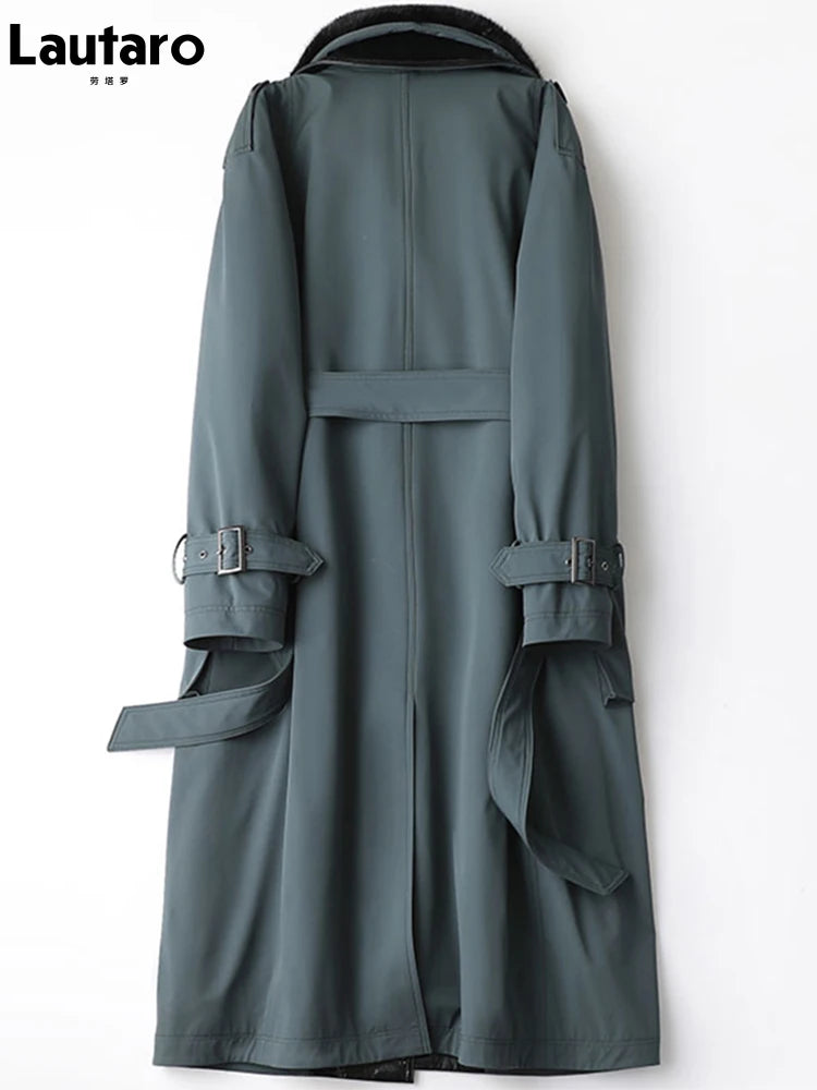 Lautaro Trench invernale lungo caldo e spesso con pelliccia sintetica, tasche interne con cintura, doppio petto, foderato in pelliccia di lusso per donna