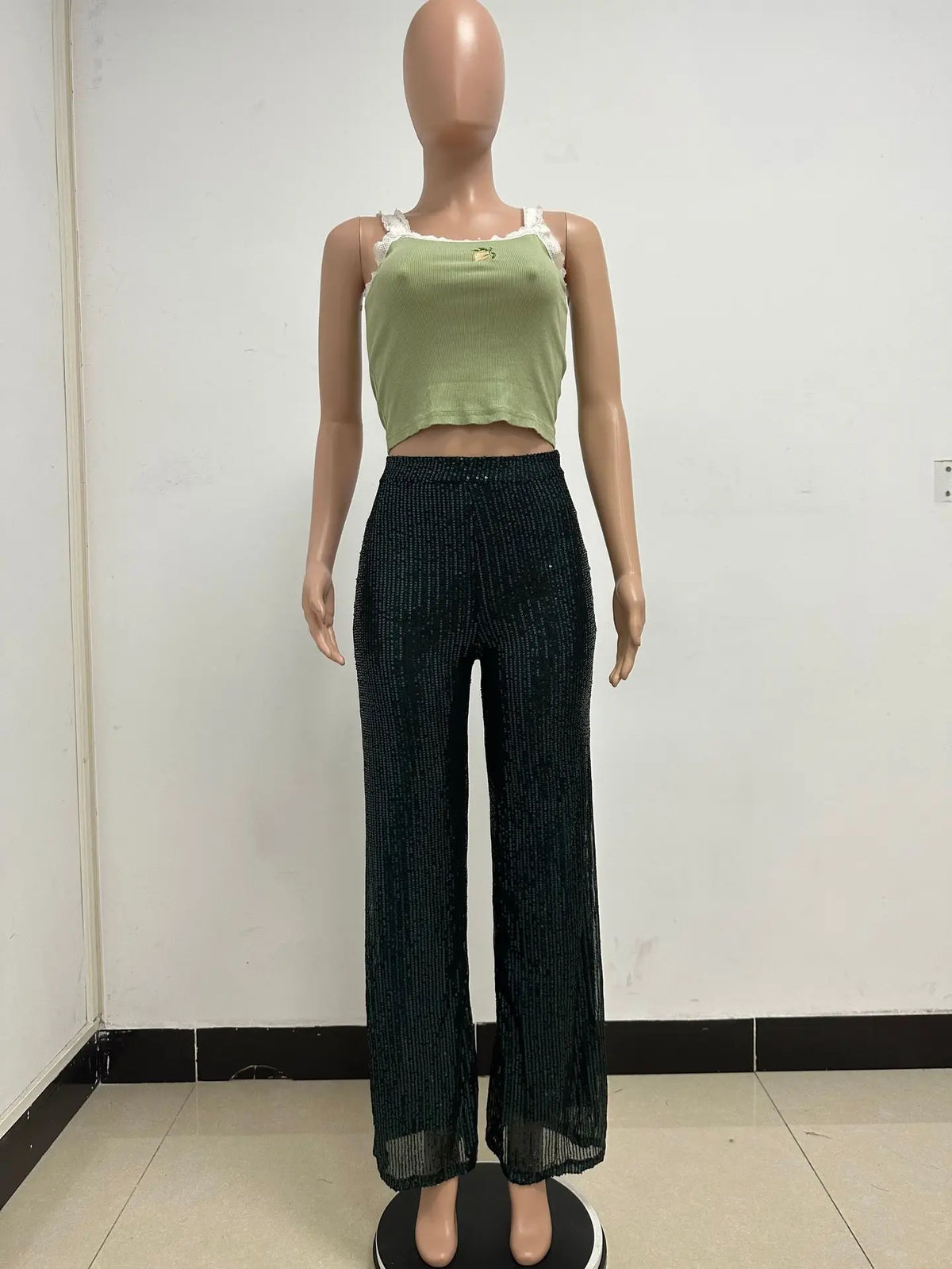 Pantaloni da donna, abbigliamento femminile, vestiti alla moda, pantaloni casual con paillettes, pantaloni eleganti, ampi e fluidi, a gamba larga, hwy5623