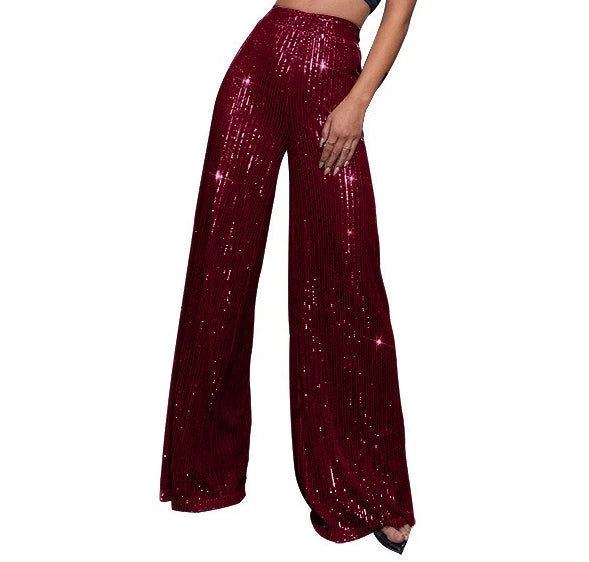 Pantaloni da donna, abbigliamento femminile, vestiti alla moda, pantaloni casual con paillettes, pantaloni eleganti, ampi e fluidi, a gamba larga, hwy5623