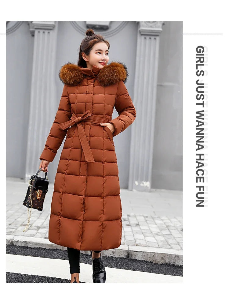 Cappotto Parka lungo in cotone piumino femminile nuovo inverno sopra il ginocchio ampio collo in pelliccia con cappuccio caldo parka spesso soprabito imbottito da donna