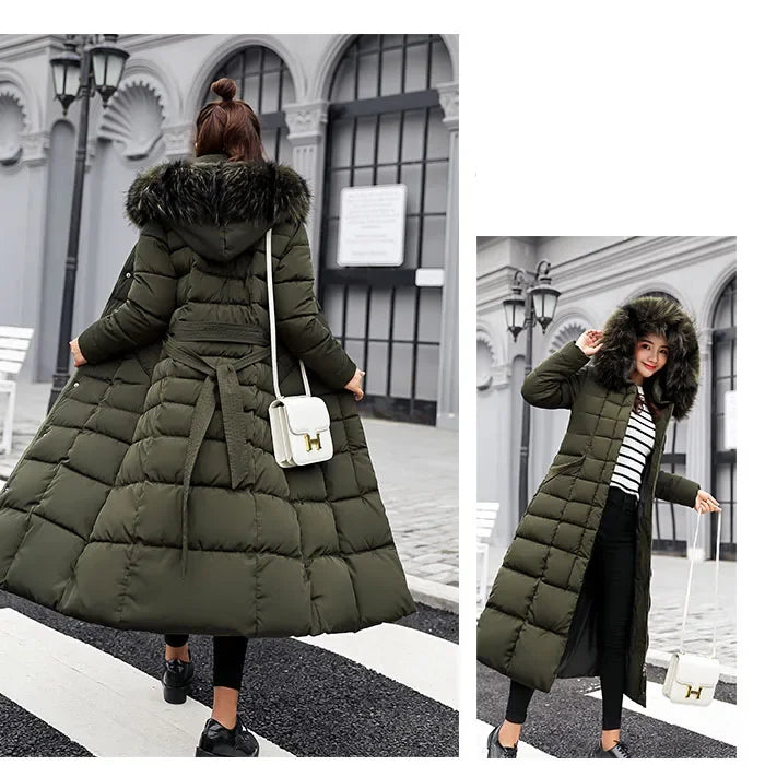Cappotto Parka lungo in cotone piumino femminile nuovo inverno sopra il ginocchio ampio collo in pelliccia con cappuccio caldo parka spesso soprabito imbottito da donna