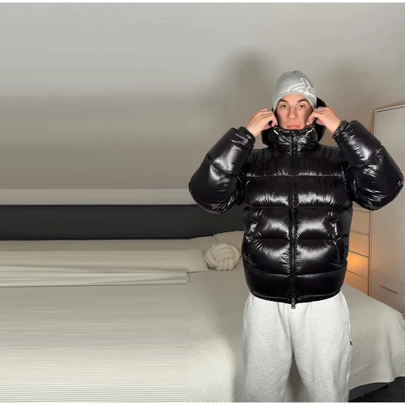 2025 Autunno Inverno Stile neutro Cappotto imbottito in cotone Casual Cerniera con cappuccio Giacca solida Moda Parka caldo a prova di freddo Capispalla