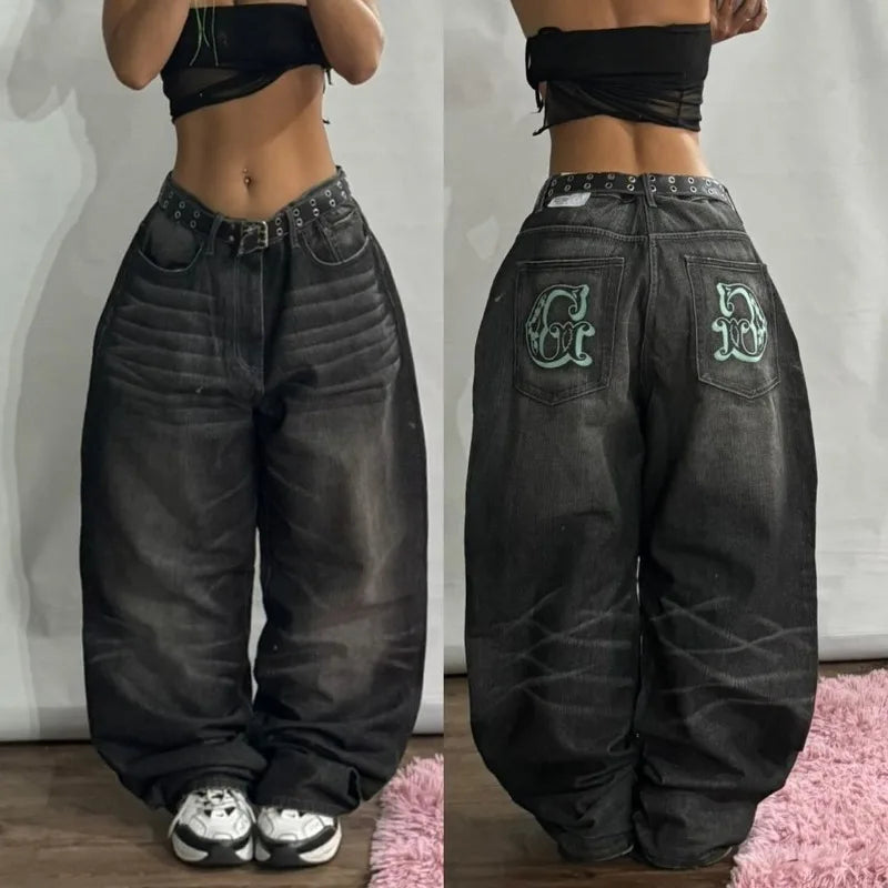 American New Fashion Modello geometrico Jeans larghi ricamati Donna Y2K Harajuku Vintage Hip-hop Pantaloni larghi casual popolari