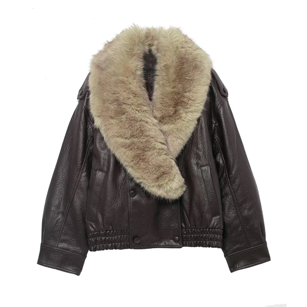 TFMLN 2025 Donne di Inverno Allentato Giacca In Ecopelle Moda Rimosso Grande Collo di Pelliccia Cappotto Causale High Street Doppio Petto Outwear