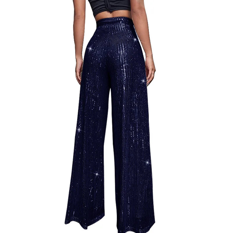 Pantaloni da donna, abbigliamento femminile, vestiti alla moda, pantaloni casual con paillettes, pantaloni eleganti, ampi e fluidi, a gamba larga, hwy5623