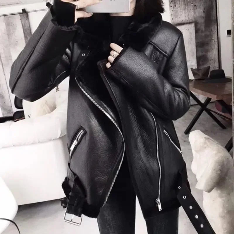 Ailegogo Cappotti Invernali Donna Spessa Pelliccia Sintetica Cappotto di Pelle di Pecora Pelliccia Femminile Giacca Impiombata Aviatore Outwear Casaco Feminino