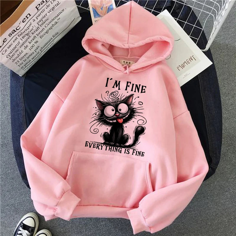 Felpe Y2k vintage da donna Abiti casual con cappuccio Pullover Kawaii Ho bene Tutto è bene Felpe con cappuccio stampate con gatto sarcastico