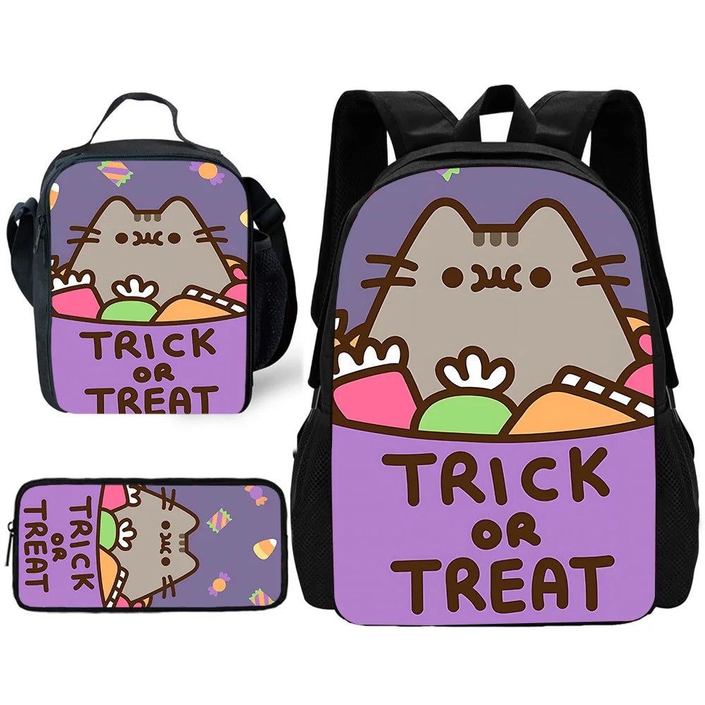 Zaino per bambini con gatti Kawaii Pusheens per la scuola con borse per il pranzo, borse per matite, borse per la scuola per ragazzi e ragazze, miglior regalo