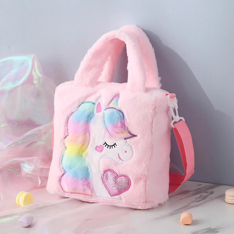 Borse per bambini Borse a tracolla Borsa a tracolla in peluche ricamata a fumetti Borsa per bambini carina per ragazza Borsa a tracolla per ragazza unicorno Spot