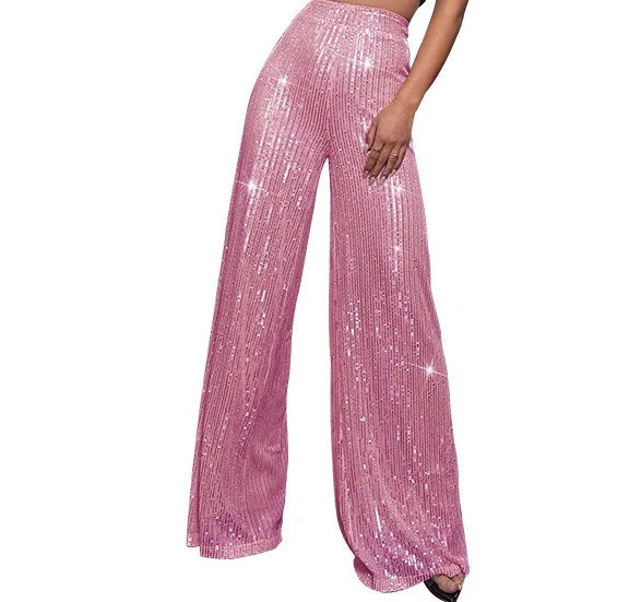 Pantaloni da donna, abbigliamento femminile, vestiti alla moda, pantaloni casual con paillettes, pantaloni eleganti, ampi e fluidi, a gamba larga, hwy5623