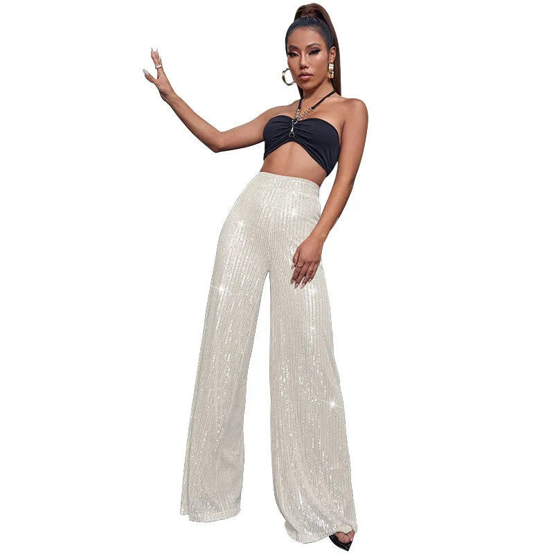 Pantaloni da donna, abbigliamento femminile, vestiti alla moda, pantaloni casual con paillettes, pantaloni eleganti, ampi e fluidi, a gamba larga, hwy5623