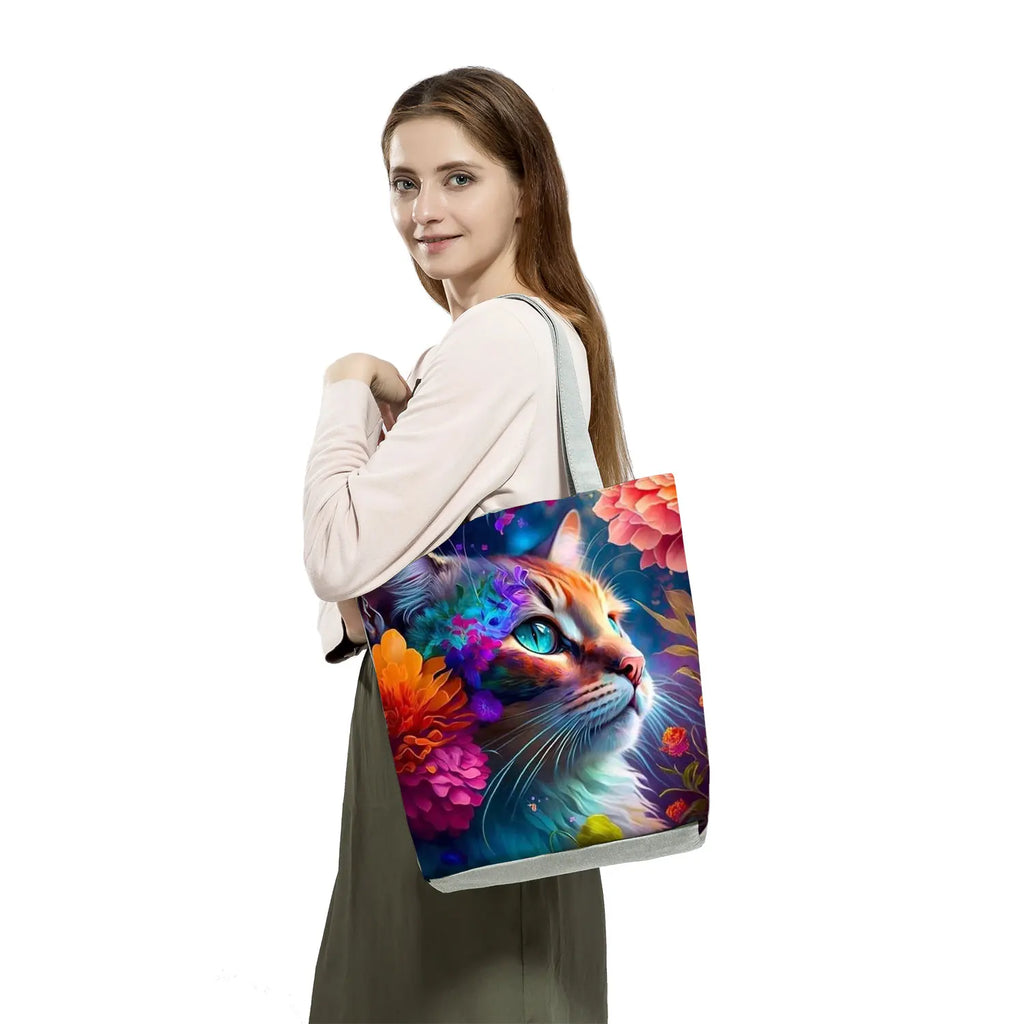 Pretty Cartoon Cat Print borse borse da spiaggia da donna ad alta capacità Cute Animal Graphic Eco borse per la spesa riutilizzabili portatili