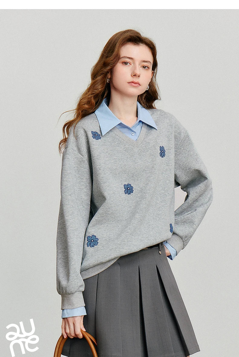 TOYOUTH Felpa da donna 2025 Autunno Nuovo Denim Fiore Ricamo Falso in due pezzi Splicing Colletto rovesciato Pullover casual in cotone