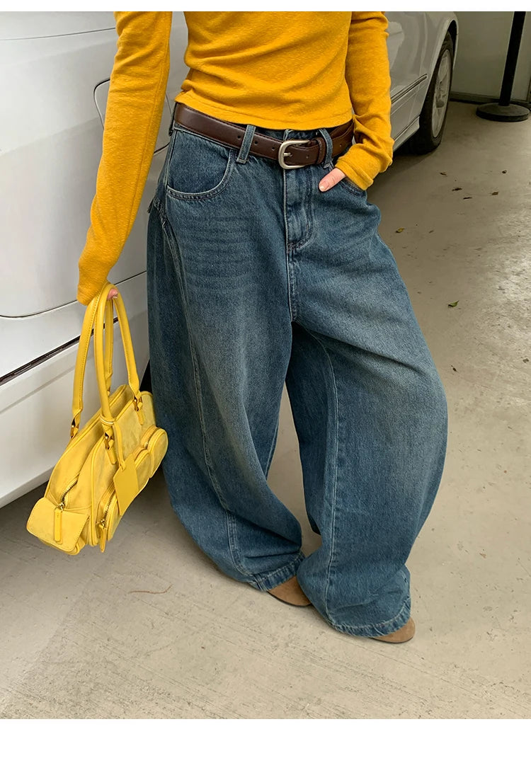 Jeans in denim blu a gamba dritta e vestibilità ampia da donna, pantaloni casual a gamba larga, comodi e rilassanti, stile coreano, per la primavera