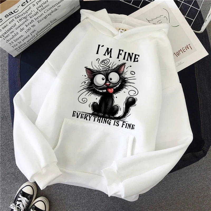 Felpe Y2k vintage da donna Abiti casual con cappuccio Pullover Kawaii Ho bene Tutto è bene Felpe con cappuccio stampate con gatto sarcastico