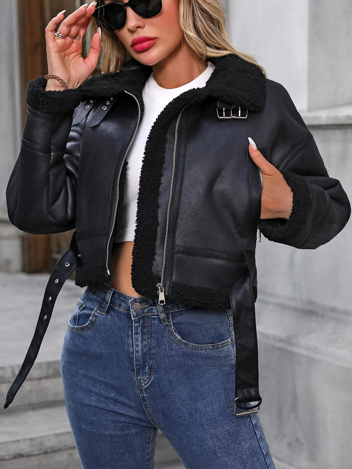 Fitaylor Autunno Inverno Donna Giacca in finta pelle di lana d'agnello High Street Capispalla in pelle Casual Lady Cappotto corto con cerniera risvolto