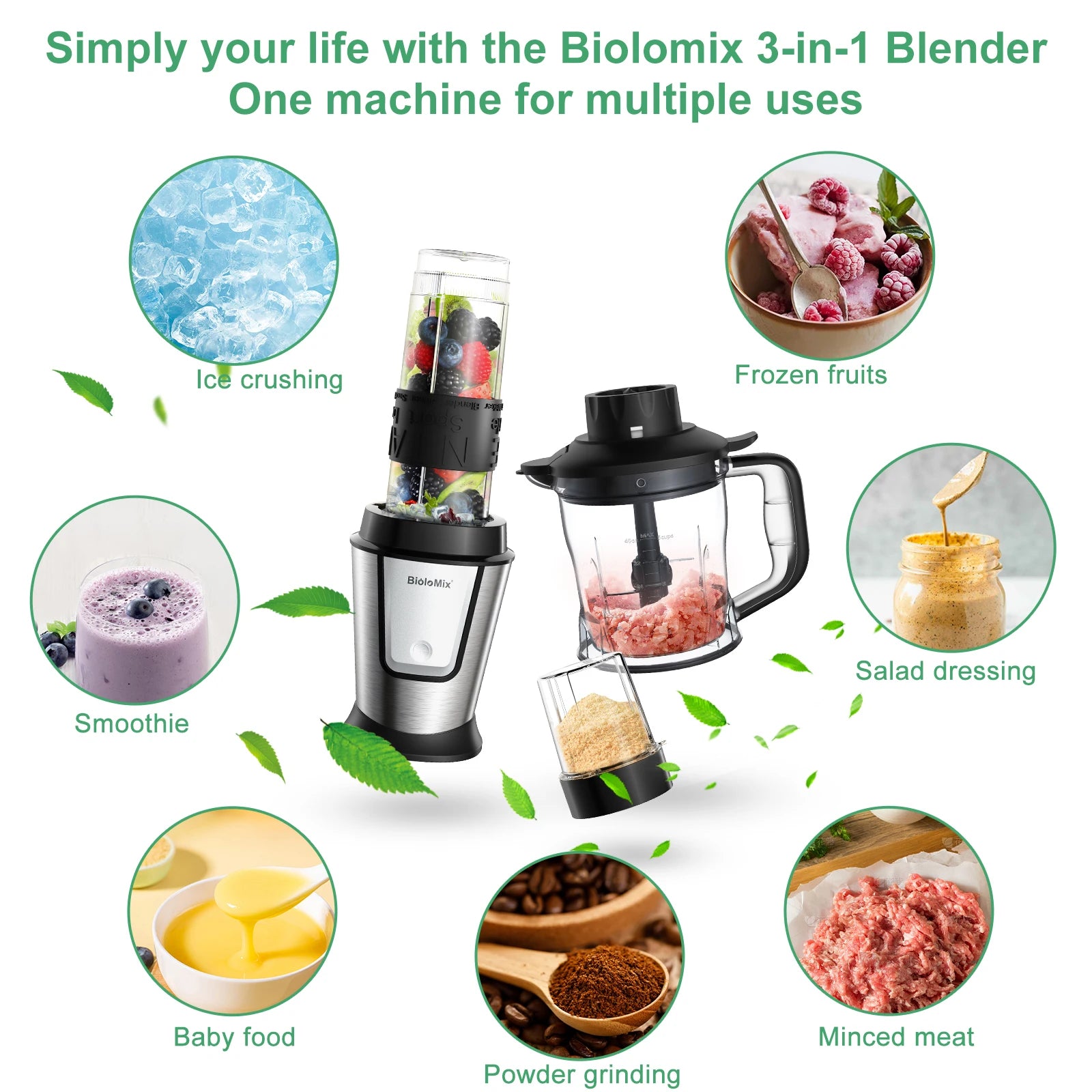 BioloMix 700W Compact Kitchen Blender 3-in-1 Juicer Food Processor and Dry Grinder Perfect for Making Fresh Juices Dips