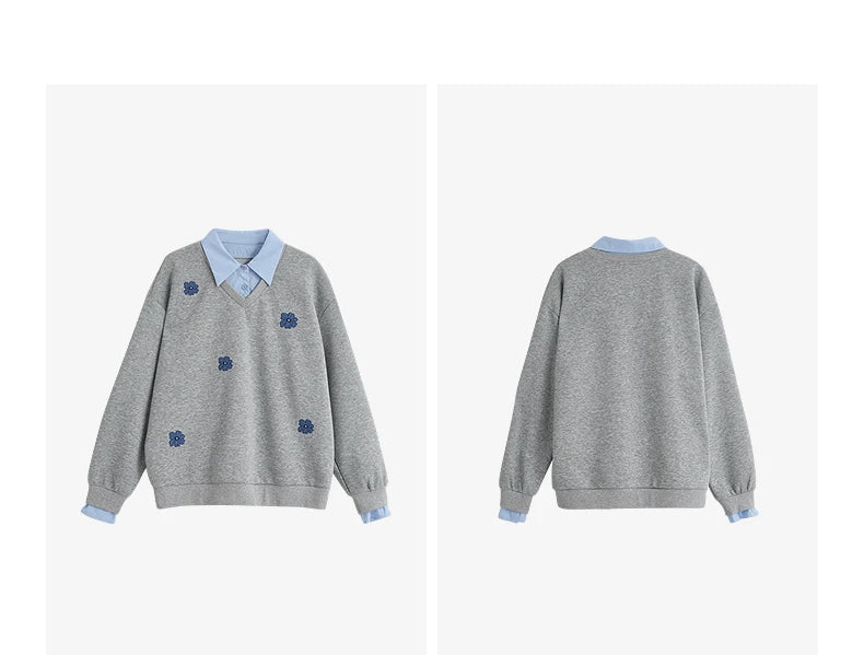 TOYOUTH Felpa da donna 2025 Autunno Nuovo Denim Fiore Ricamo Falso in due pezzi Splicing Colletto rovesciato Pullover casual in cotone