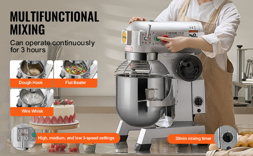 SucceBuy Commercial Food Mixer Commercial Stand Mixer with 3 Speeds Dough Mixer with Stainless Steel Bowl and 3 Attachments